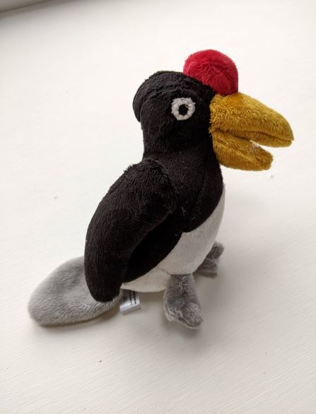 Photo of a soft toy of Tallulah the hornbill