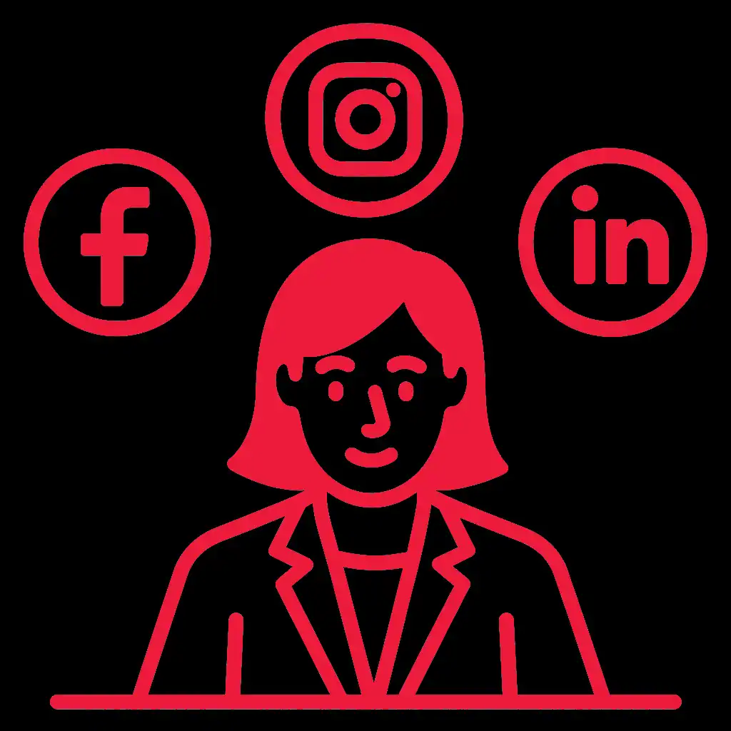 Businesswoman with social media icons: Facebook, Instagram, LinkedIn