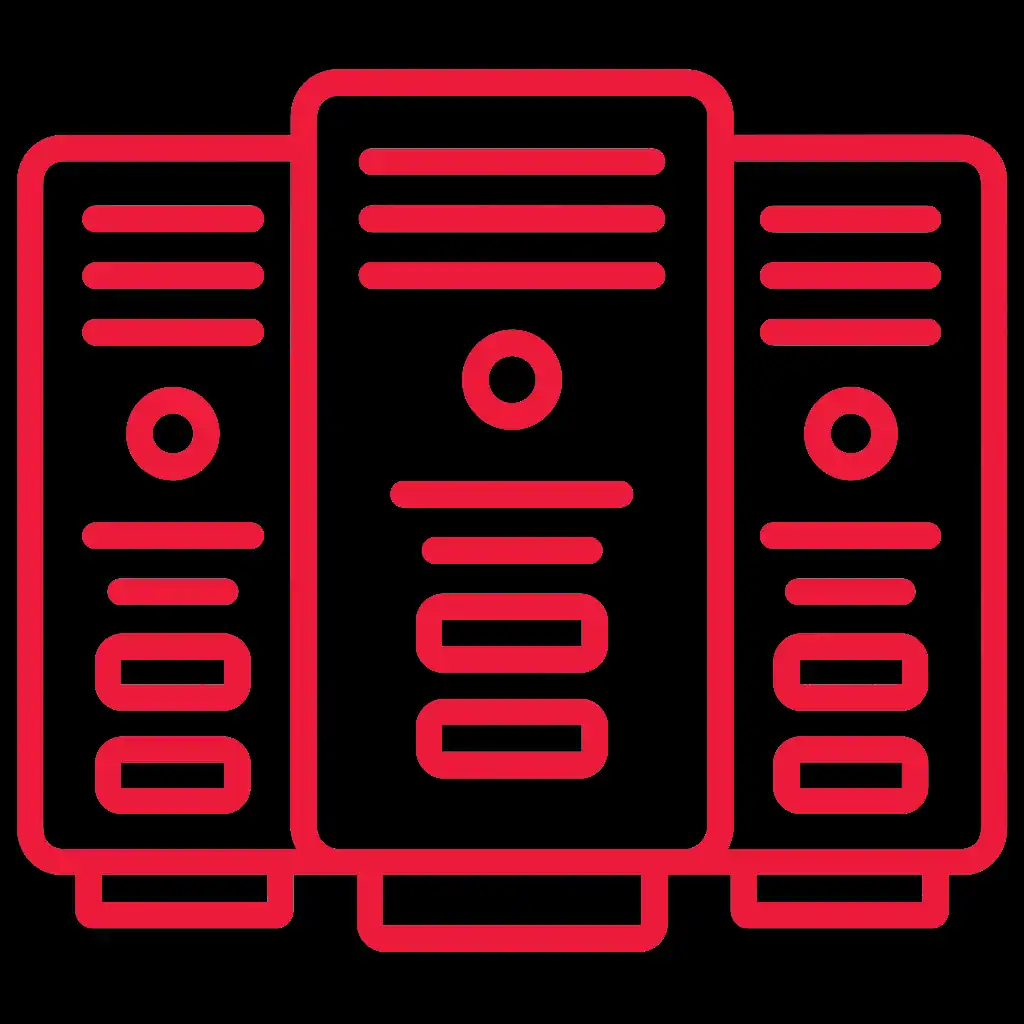 Web server image Red outline of three data servers on black background.