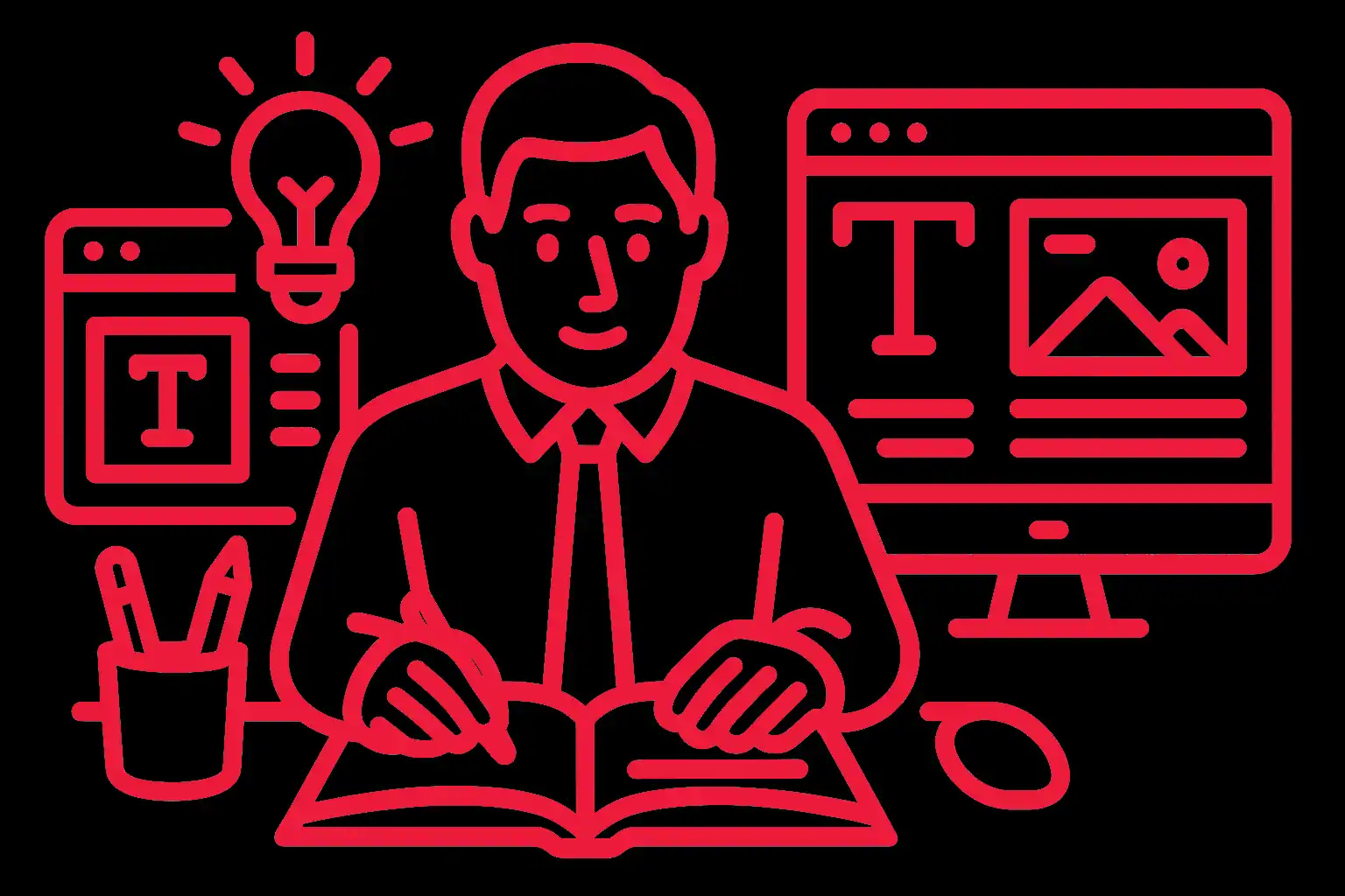 proofreading image red Person writing with creativity and digital content tools.